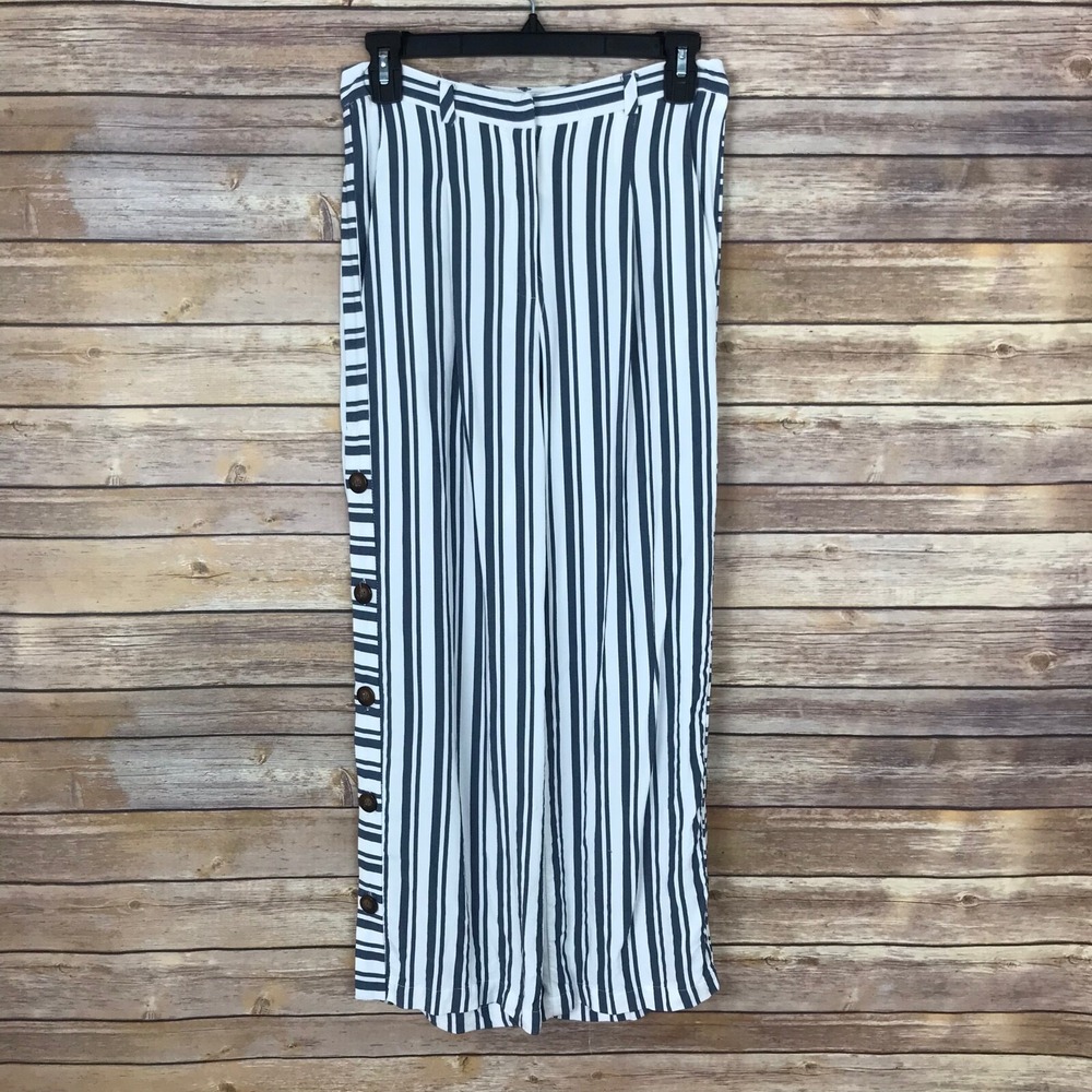 Waverly Grey Pants Womens 2  Wide Leg Camilla Stripe Button Side Mid Rise Capri